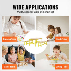 Collage showing yellow wooden kids table and bench set used for drawing, studying, gaming, and dining by children.