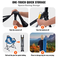 Portable rocking hammock chair with a high backrest and breathable mesh fabric.