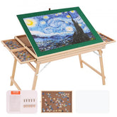 Wooden jigsaw puzzle table with folding legs, four drawers, and a protective cover.