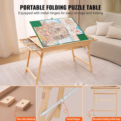 Wooden jigsaw puzzle table with folding legs, four drawers, and a dustproof cover.