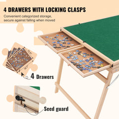 Wooden jigsaw puzzle table with folding legs, four drawers, and a dustproof cover.