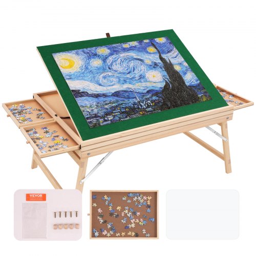 Wooden folding puzzle table with green felt top, 4 drawers, and legs for 1500-piece jigsaws.
