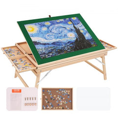 Wooden folding puzzle table with green felt top, 4 drawers, and legs for 1500-piece jigsaws.
