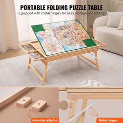 Wooden puzzle table with folding legs, four drawers, and non-slip felt top.