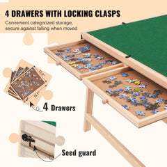 Wooden puzzle table with folding legs, green felt top, and four locking drawers for storing pieces.
