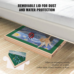 Wooden puzzle table with folding legs, four drawers, and removable lid, featuring a cat on starry night artwork.