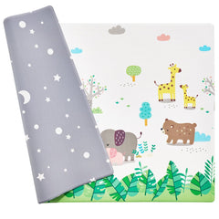 Bostome 55"x82" baby play mat in soft PVC with animal and celestial patterns for safe play.