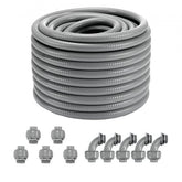 A coiled 100 ft roll of 3/4-inch gray PVC liquid-tight flexible conduit with straight and elbow connectors.