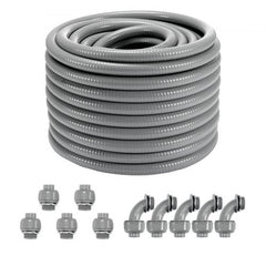 A coiled 100 ft roll of 3/4-inch gray PVC liquid-tight flexible conduit with straight and elbow connectors.