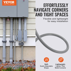 3/4-inch PVC liquid-tight flexible conduit, 100 ft roll, shown navigating corners and tight spaces on a house exterior.