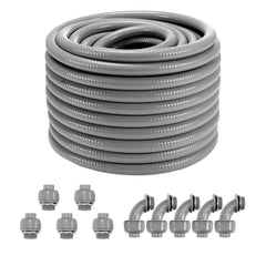A coiled 100 ft roll of 3/4-inch gray PVC liquid-tight flexible conduit with 5 straight and 5 elbow connectors.