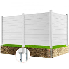 Three-panel white vinyl privacy fence, 50x50 inches, with metal ground stakes.