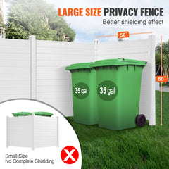 Three-panel white vinyl privacy fence screen, 50x50 inches, shielding two 35-gallon green trash cans.