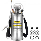 2-gallon stainless steel hand pump sprayer with adjustable brass nozzle and shoulder strap.