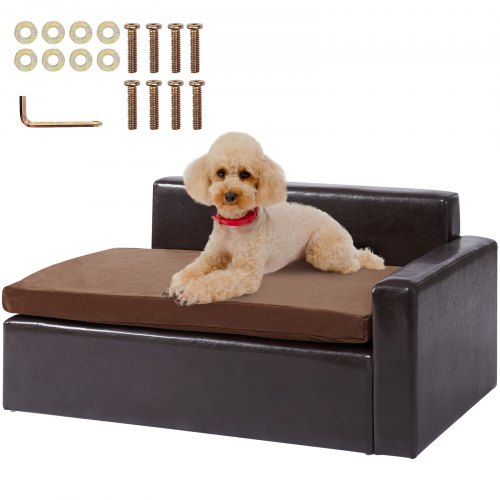 Black leather pet sofa with solid wood frame, designed for medium dogs and cats.