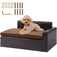 Black leather pet sofa with solid wood frame, designed for medium dogs and cats.