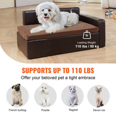 Black leather pet sofa with a solid wood frame, designed for medium dogs and cats.