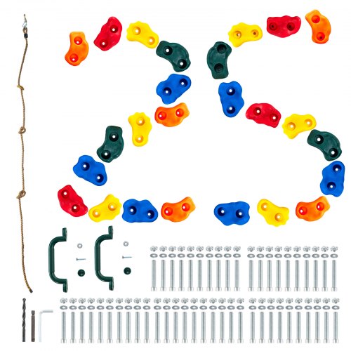 Assortment of 25 colorful rock climbing holds, knotted rope handles, and mounting hardware.
