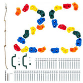 Assortment of 25 colorful rock climbing holds, knotted rope handles, and mounting hardware.