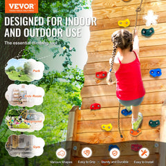 25 colorful rock climbing holds with knotted rope handles for indoor and outdoor use.