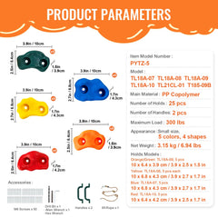 Set of 25 colorful rock climbing holds with knotted rope handles and mounting accessories.