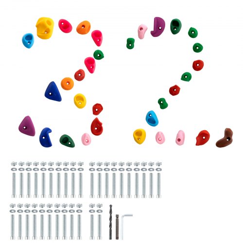 32 colorful rock climbing holds in various shapes, with bolts and drill bit included.