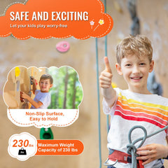 Two smiling boys demonstrate 32 colorful rock climbing holds with non-slip surfaces and easy-grip design, supporting up to 230 lbs.