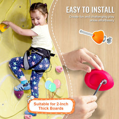 A child climbs on a yellow wall using colorful rock climbing holds, with installation tools shown for 2-inch thick boards.