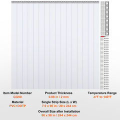 Clear smooth PVC strip door curtain measuring 96"x96" for freezers and warehouses.