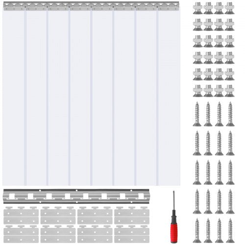 Clear PVC strip curtain kit with 8 panels, 84"H x 48"W, 0.08" thick, hardware, and screwdriver.