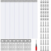 Clear PVC strip curtain kit with 8 panels, 84"H x 48"W, 0.08" thick, hardware, and screwdriver.