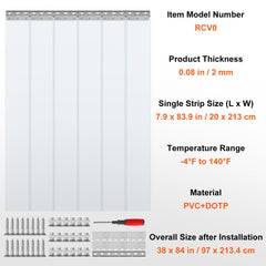 Clear PVC strip curtain kit with 6 strips, 84 inches high by 38 inches wide, 0.08 inches thick.