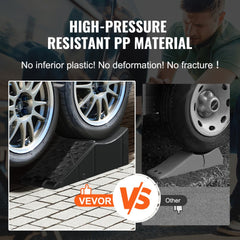 Comparison of VEVOR high-pressure resistant PP car service ramp versus other ramps, showing durable black ramps lifting vehicle wheels on pavement.