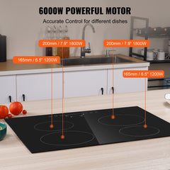 A sleek four-burner electric radiant cooktop with a glass surface and touch controls.