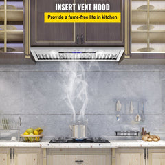 Stainless steel 30" insert range hood with touch control and 900 CFM suction power.