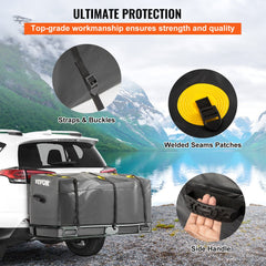 Black waterproof hitch cargo carrier bag with heavy-duty zippers and reinforced straps.