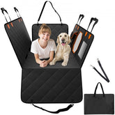 Black waterproof dog car seat cover with durable 600D Oxford fabric and breathable mesh panels.