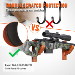 Solid pine wood horizontal gun rack wall mount with EVA foam grooves for scratch protection.