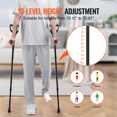 Man using adjustable aluminum forearm crutches with 10-level height from 55 to 71 inches, suitable for children, teens, adults, and seniors.