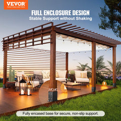 Wooden pergola with full enclosure design and stable, non-slip base anchors for secure support.