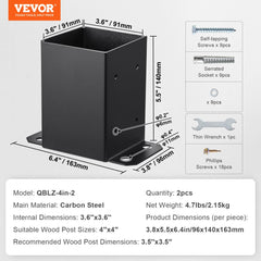 Two matte black powder-coated steel post base brackets for 4x4 wood posts, shown with dimensions and included hardware.
