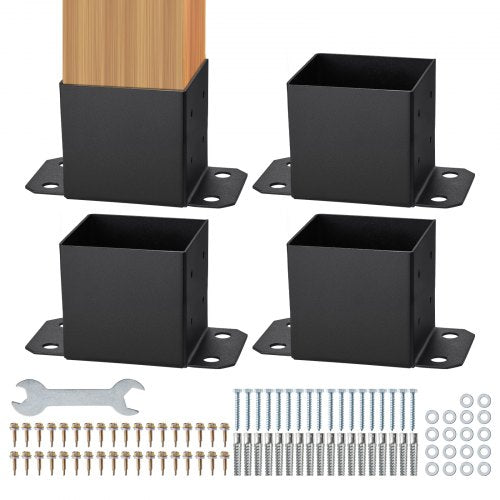Heavy-duty carbon steel post base brackets for 6x6 posts, includes installation accessories.