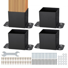 Heavy-duty carbon steel post base brackets for 6x6 posts, includes installation accessories.