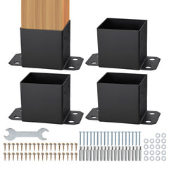 Heavy-duty carbon steel post base brackets designed for 6x6 posts, includes installation accessories.