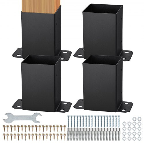 Heavy-duty carbon steel post base brackets for 4x4 posts, includes installation accessories.