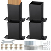 Heavy-duty carbon steel post base brackets for 4x4 posts, includes installation accessories.