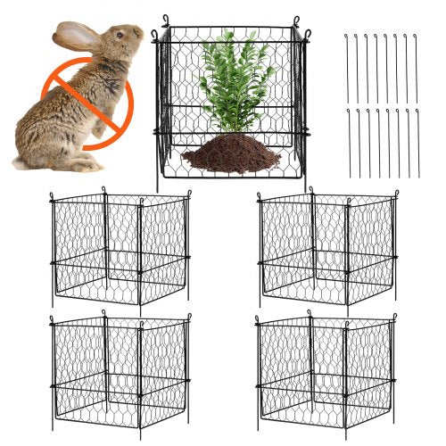 Black metal plant protector cage set for safeguarding plants from animals.