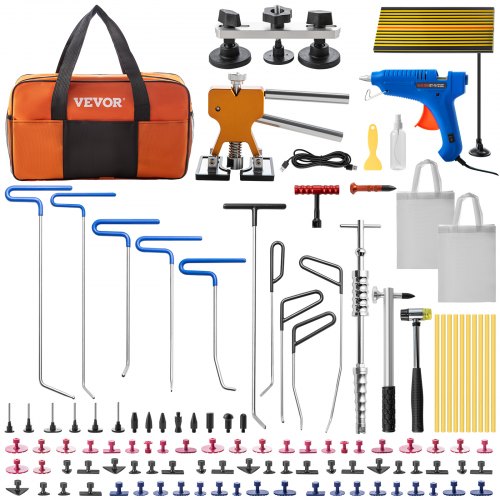 Bostome 89-piece paintless dent removal kit with rods, tabs, glue gun, and carrying bag.