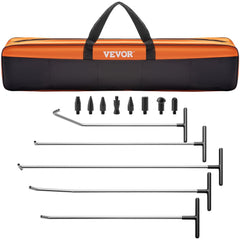 13-piece stainless steel paintless dent repair kit with rods, tapper heads, and orange carrying bag.
