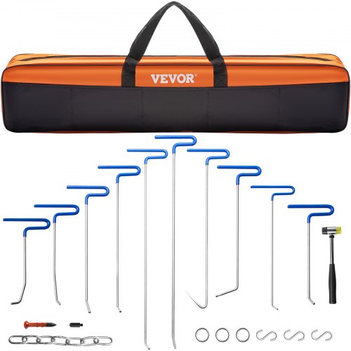 20-piece stainless steel paintless dent repair rod kit with rods, hammer, hooks, and carry bag.